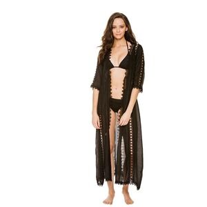 ELAN Crochet Long Cover Kimono‎ Swim Cover Up Maxi Long Black Size Small NWT
